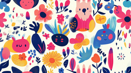 Canvas Print - A seamless pattern with whimsical and colorful characters, flowers, and leaves on a light background. The playful and cheerful design is perfect for children’s themes and fun decor.