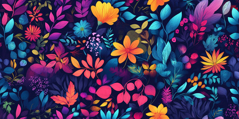 Poster - A seamless floral pattern with vibrant and detailed flowers and leaves against a dark background. The rich colors and intricate design create a lush and enchanting aesthetic.