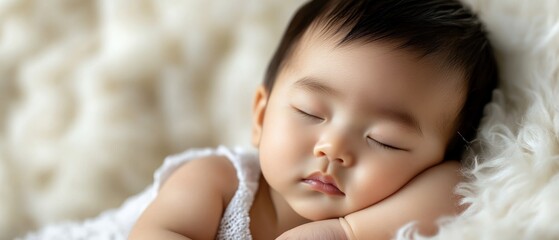 Close-up of a Sleeping Baby with Dark Hair Resting on a White Blanket