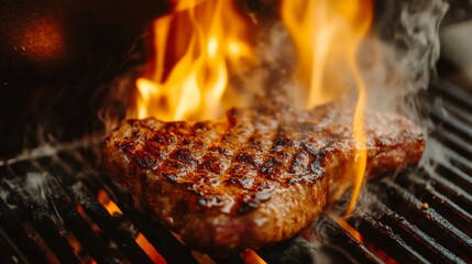 Close-up of a juicy steak grilling over flames.