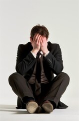 A man sits on the floor in formal attire, hiding his face in his hands, displaying signs of stress and frustration in a minimalistic indoor setting.