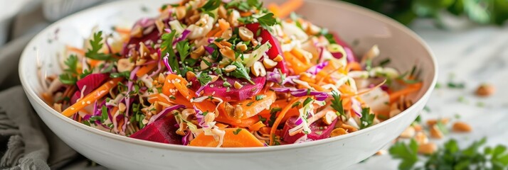 Canvas Print - Spring salad featuring carrots, beets, and cabbage, garnished with nuts and herbs in a white bowl.