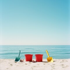 Fun Day at the Beach - Four Colorful Children's Shovels and Two Red Buckets on Sandy Shore under Clear Sky