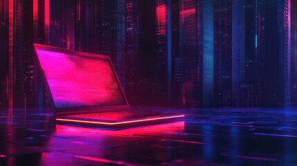 Wall Mural - Futuristic illustration about computer technology with a laptop in neon colors. For cover backgrounds, wallpapers and other modern projects. Generated with AI