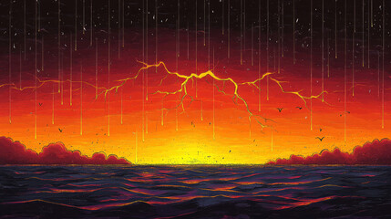 Wall Mural - Fiery Ocean Sunset with Lightning