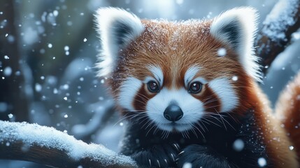 Wall Mural - Red Panda in snow winter, generative ai