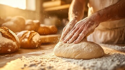 A baker kneads dough as golden loaves rise, filling the air with the aroma of fresh bread.