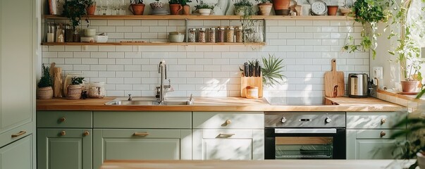 Wall Mural - Scandinavian kitchen with light green cabinets and indoor plants in natural sunlight