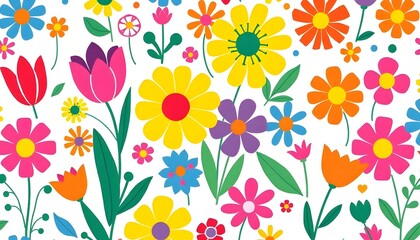 Wall Mural - Colorful floral pattern illostration with various bright flowers including daisies, sunflowers, and other abstract flower shapes in shades of red, orange, yellow, and pink on a white background