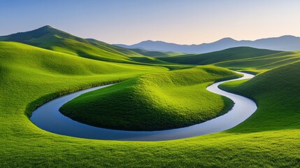 Canvas Print - A river winding through a green valley surrounded by hills, AI