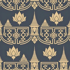 A seamless pattern featuring intricate gold geometric shapes on a dark background.