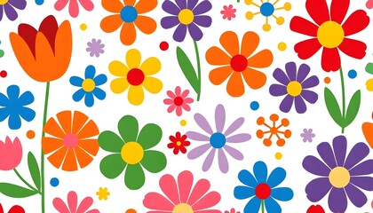 Canvas Print - Illustration of Colorful floral pattern with various flowers including tulips, daisies, and abstract shapes in bright colors on a white background