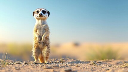 A 3D close-up of a meerkat standing alert in a desert environment, warm afternoon light, eye-level perspective, highly detailed fur and sand textures.