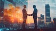 © Johannes - Double exposure image of business people handshake on city office building in background showing partnership success of business deal. Concept of corporate teamwork, trust partner and work agreement.