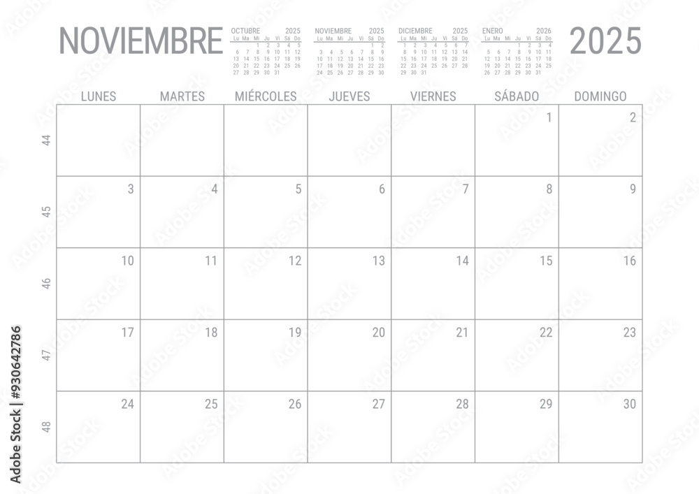 Noviembre Calendario 2025 Mensual para imprimir con numero de semanas ...