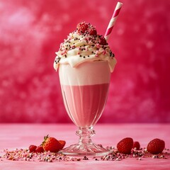 Wall Mural - photo of gourmet milkshake pink red background