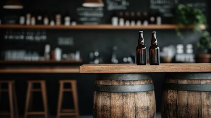 A striking image of two beer bottles atop a wooden barrel, set in a rustic bar environment, evokes a casual, relaxed ambiance suitable for pub lovers and social gatherings.