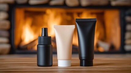 Poster - Three tubes of cosmetics sit on a table in front of the fireplace, AI