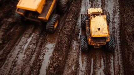 Heavy construction vehicles drive through a muddy site, emphasizing the raw and rugged environment of the construction industry, showing the machinery’s strength and durability.