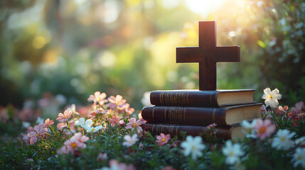 A symbolic representation of Christian faith featuring a cross, biblical books, and flowers in a garden, symbolizing Lent, Easter, and religious devotion.
