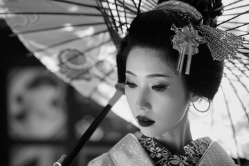 Wall Mural - A woman wearing a traditional Japanese kimono is holding an umbrella