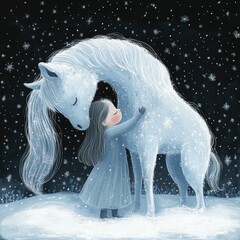 Wall Mural - A little girl in gray hugs an ice horse. The background is black with stars and has a fantasy illustration style 