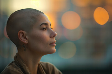 A woman with a shaved head is looking at the camera