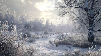 Poster - A snowy field with a tree in the foreground