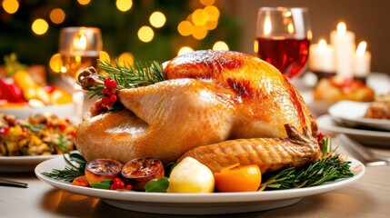 Sticker - A large roasted turkey on a white plate with other food, AI