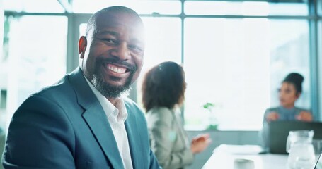 Poster - Laptop, smile and mature manager in boardroom of office for corporate meeting or planning. Computer, employment and portrait of happy business man in professional workplace for online research