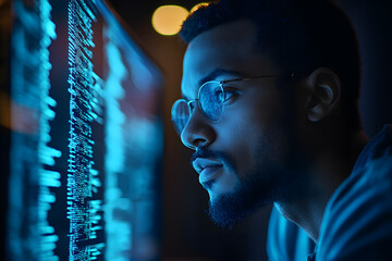 Man working and closely looking at the screen and analyzing cyber information on his computer in data center