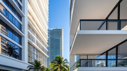 Tall glass and steel buildings tower over palm trees, highlighting luxury living in downtown Miami under a bright blue sky