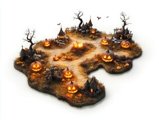 A Halloween pumpkin kingdom map, magical lands with glowing pumpkins, eerie fields, and haunted scarecrows, isolated on white background