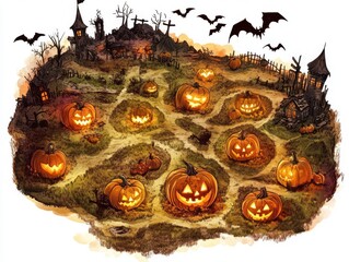 a halloween pumpkin kingdom map, magical lands with glowing pumpkins, eerie fields, and haunted scar
