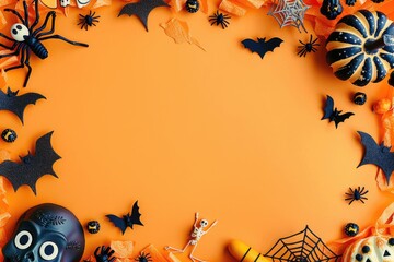 Wall Mural - halloween party border with pumpkins, rat, bats, net, spiders, black pumpkins, ghost face, skeleton, skull, ants, eyeballs, orange background empty space for text in center wallpaper 3d design