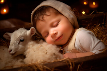 In the stillness of the scene, Jesus sleeps in the manger, radiating innocence and divine quietude