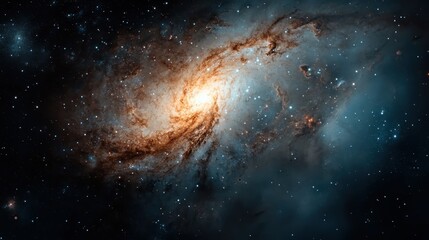a brilliant galaxy center glows amidst swirling clouds in striking orange hues, providing a visually
