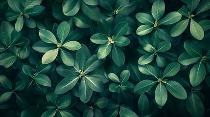 Wall Mural - A close-up image of a lush green foliage with deep green leaves, creating a natural texture and a calming atmosphere.