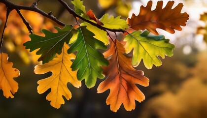 colorful fall oak leaves on the branch