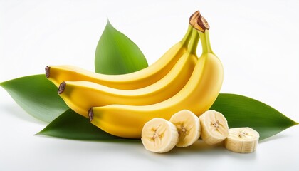 Wall Mural - whole banana and slices cut with leaves isolated on white background