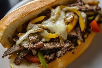 Close-up of a delicious Philly cheese steak sandwich made with beef, melted cheese and various fresh vegetables