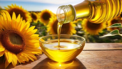 Wall Mural - golden sunflower oil pouring from a bottle into a glass bowl on a rustic wooden table with sunflowers