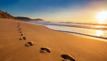 an hdr photograph of footprints in the sand leading to the water s edge at a pristine beach with the clarity and detail enhanced by the morning light