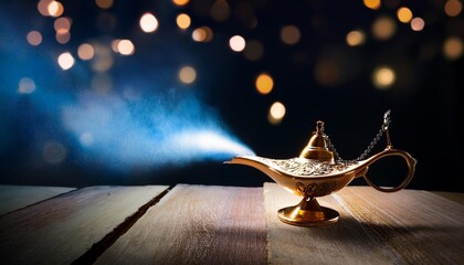 magical aladdin lamp releasing ethereal sparkling mist at night