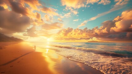 Beautiful Sunset Over Calm Ocean and Sandy Beach