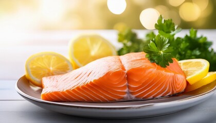 Wall Mural - plate of salmon with lemons and parsley blurred background with copy space