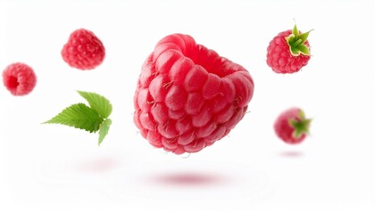 Wall Mural - levitating raspberry on a white isolated background