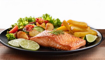 Wall Mural - fried salmon fillet with fried potatoes lime and vegetable salad served on black plate on wooden table