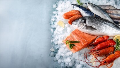 Wall Mural - raw material fresh fish and seafood arrangement on ice background