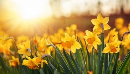 beautiful yellow spring daffodil flowers in the field in the sun s rays close up nature background